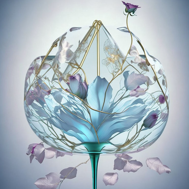 Digital artwork: Glass vessel, blue flower, golden frame, soft background