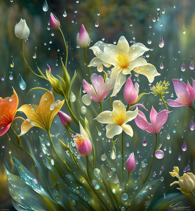 Vibrant Blooming Flowers with Water Droplets in Rainy Garden