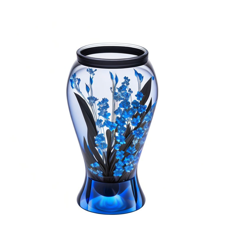 Blue Crystal Vase with Intricate Floral Patterns on White Background