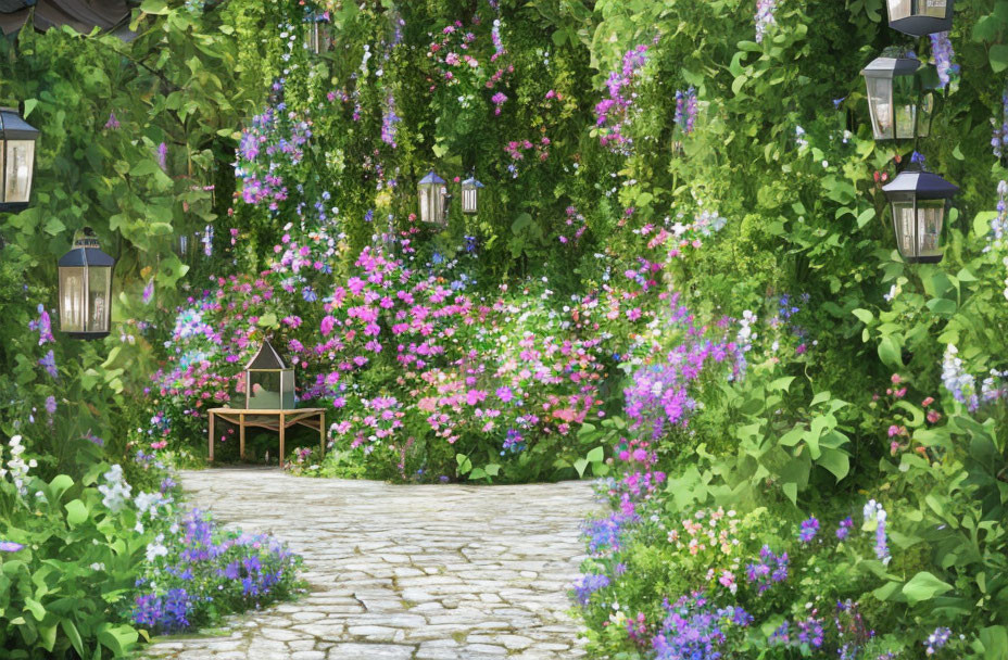 Tranquil garden path with cobblestones, vibrant flowers, lanterns & birdhouse