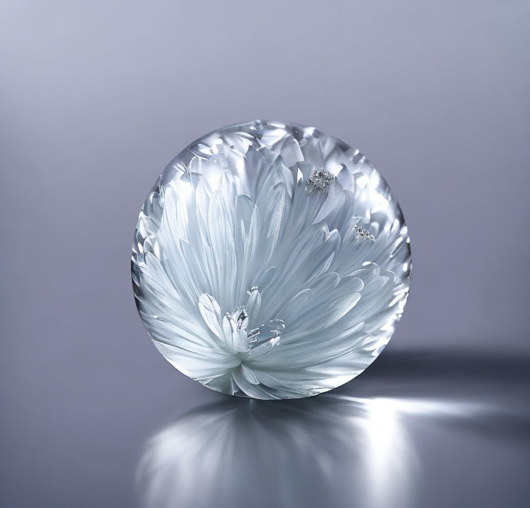 Crystal Ball with Engraved Flower Reflecting Light on Smooth Surface