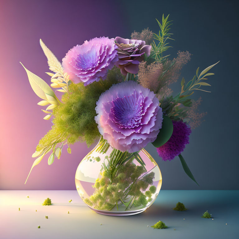 Pastel Flowers in Clear Vase on Pink Purple Gradient Background