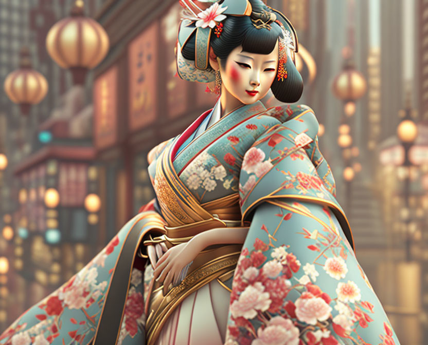 Geisha in patterned kimono with traditional hairstyle against Asian cityscape