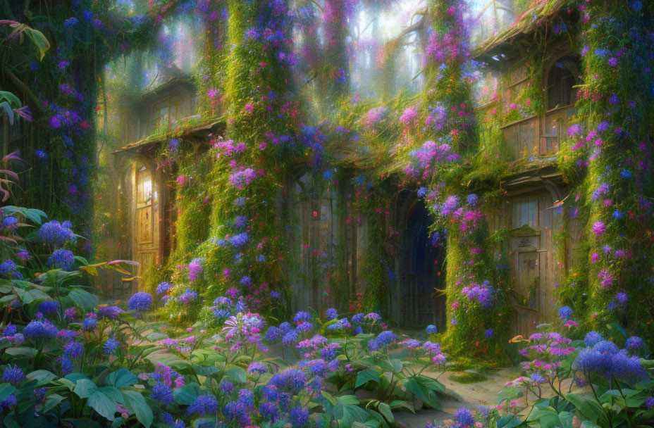 Overgrown Cottage with Purple Flowers and Magical Light