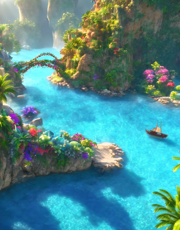 Tranquil animated river scene with vibrant flora, wooden bridge, and sailing boat