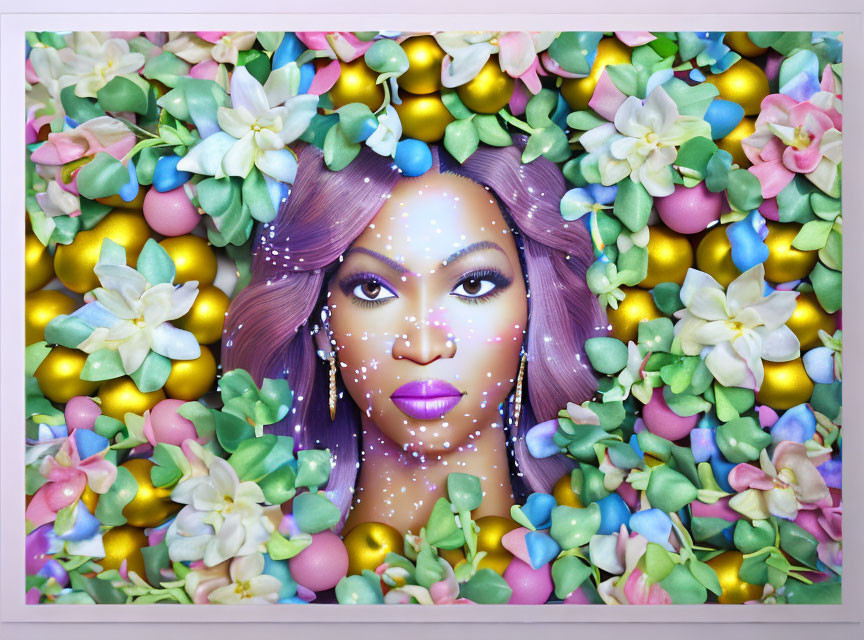 Colorful floral frame surrounding woman's face with golden spheres and whimsical sparkles