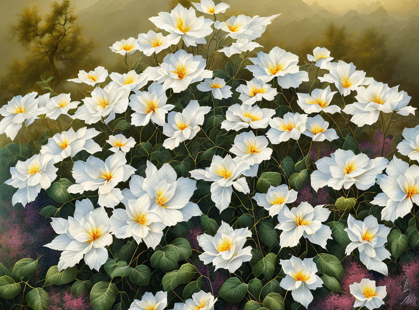 White Flowers with Yellow Centers Surrounded by Misty Mountains