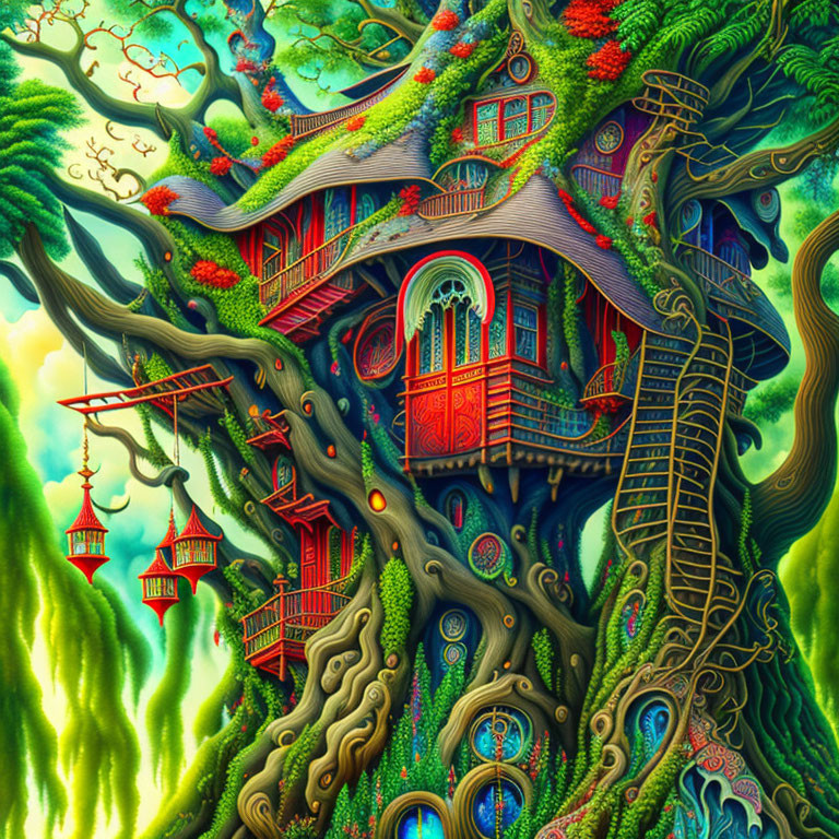 Colorful Treehouse Illustration with Elaborate Roots & Lanterns