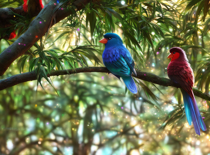 Vibrantly colored fantastical birds in magical forest scene