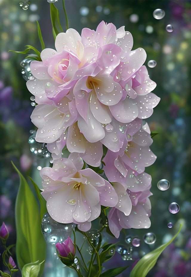 Pink flowers with water droplets on green backdrop.