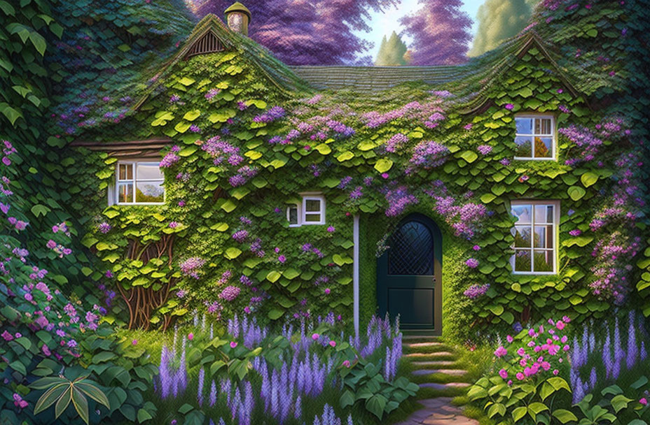 Enchanting forest cottage with ivy and purple flowers