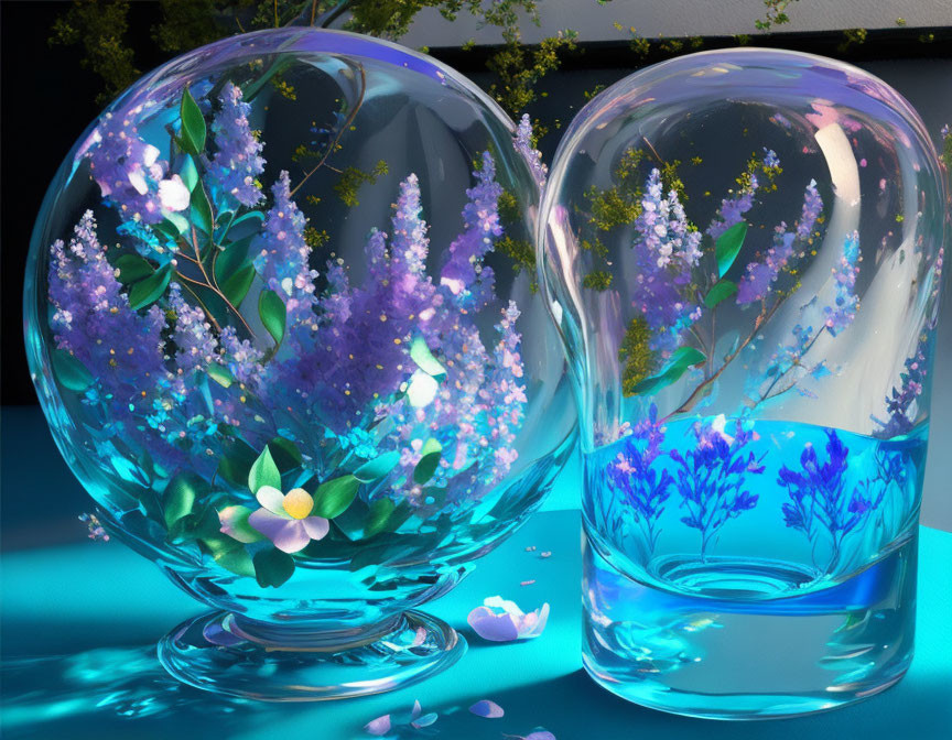 Transparent Glass Bubbles with Purple and Yellow Flowers on Blue Surface