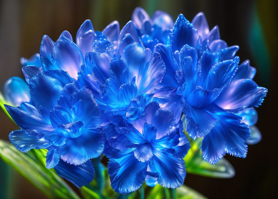 Delicate vivid blue flowers with water droplets on soft background