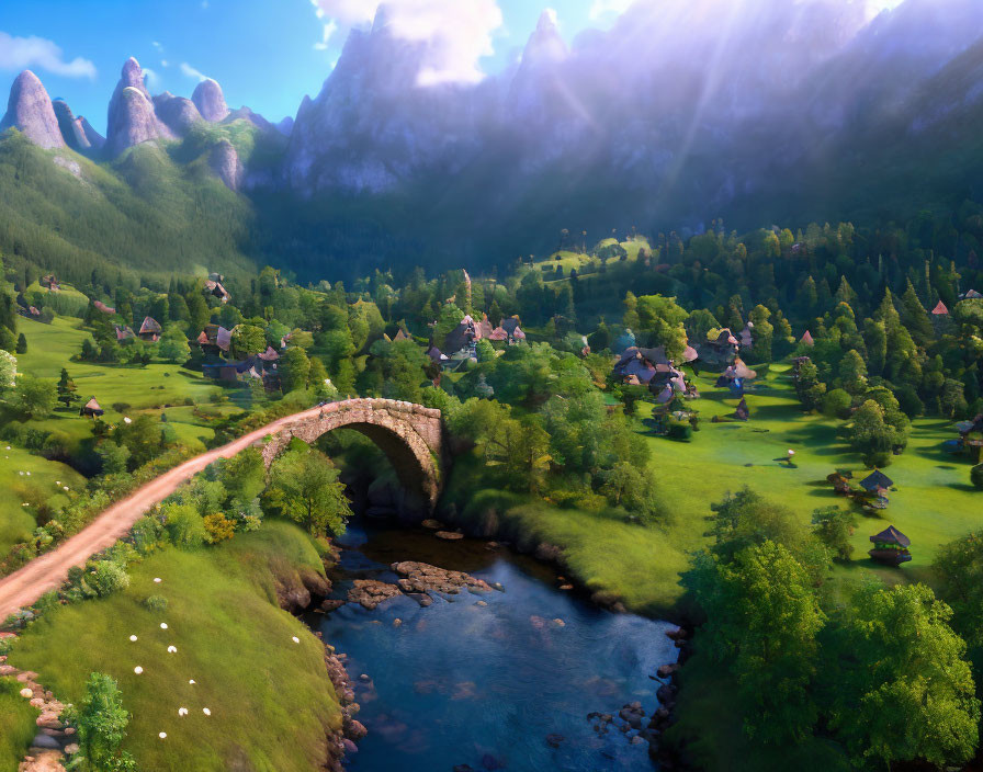 Tranquil village in lush valley with stone bridge, mountains, and sunlight