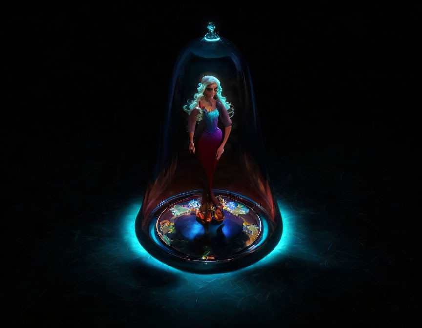 Blonde-Haired Female Character in Glass Dome with Blue Glow