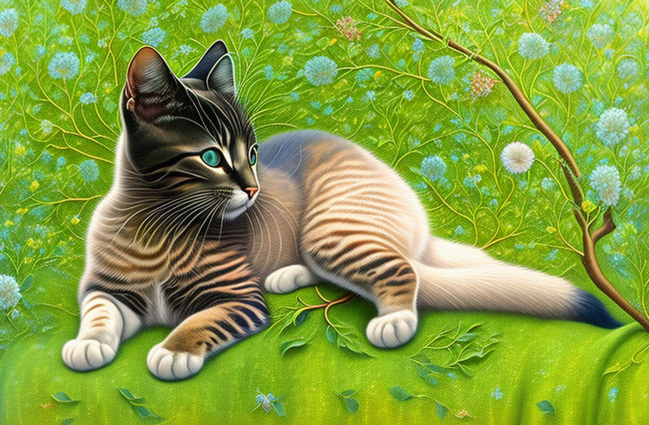 Tabby cat digital artwork in lush garden with floral details