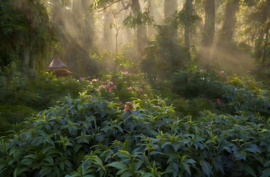 Misty forest scene with sunbeams, green foliage, pink flowers, and gazebo.