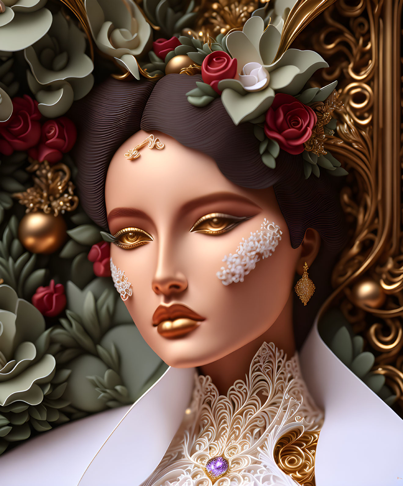 Stylized portrait with golden facial features and floral decorations