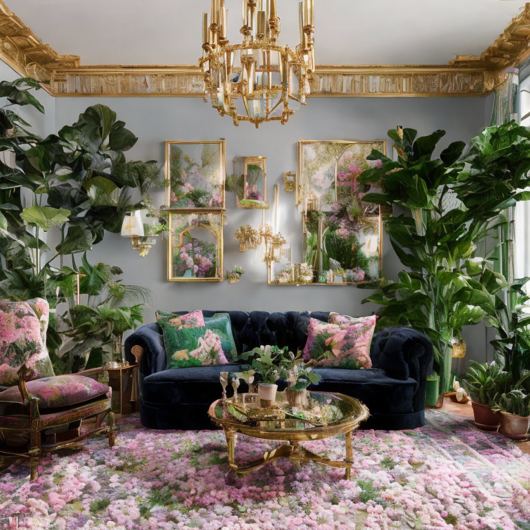 Luxurious Room with Blue Sofa, Pink Armchairs, Gold Artwork, Plants, and Ch