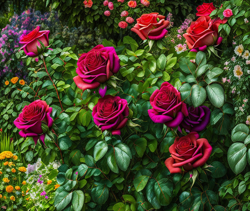 Blooming red and pink roses in lush garden.