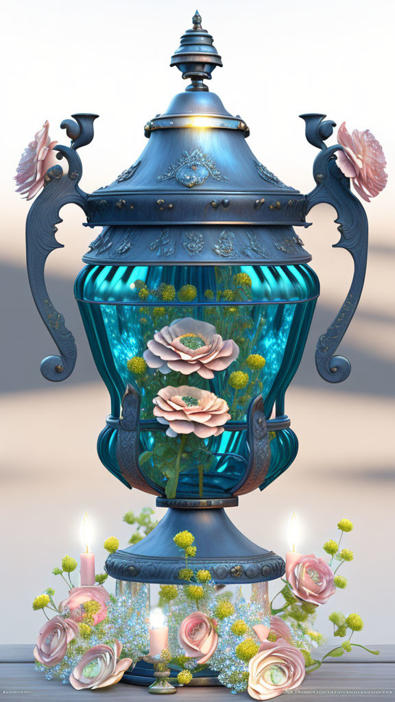 Blue Floral Patterned Urn with Pink Accents, Candles, Flowers, and Greenery