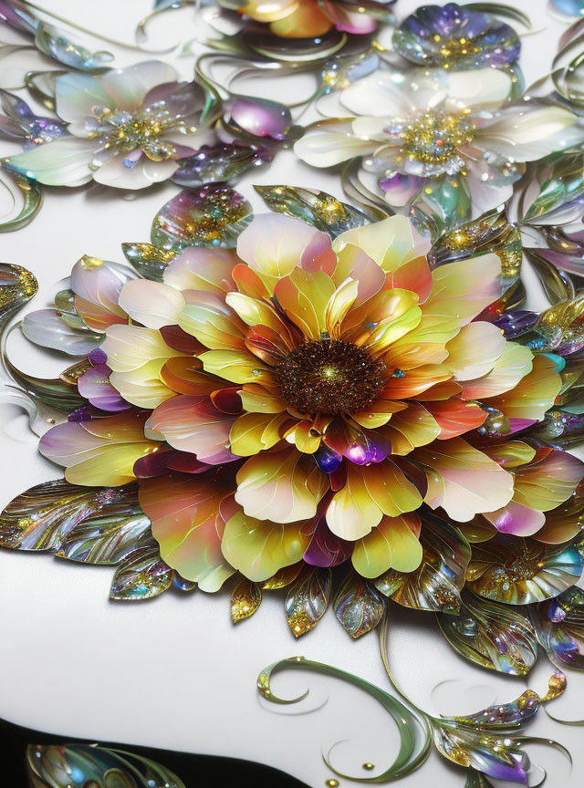 Colorful Floral Decoration with Iridescent Petals and Metallic Leaves