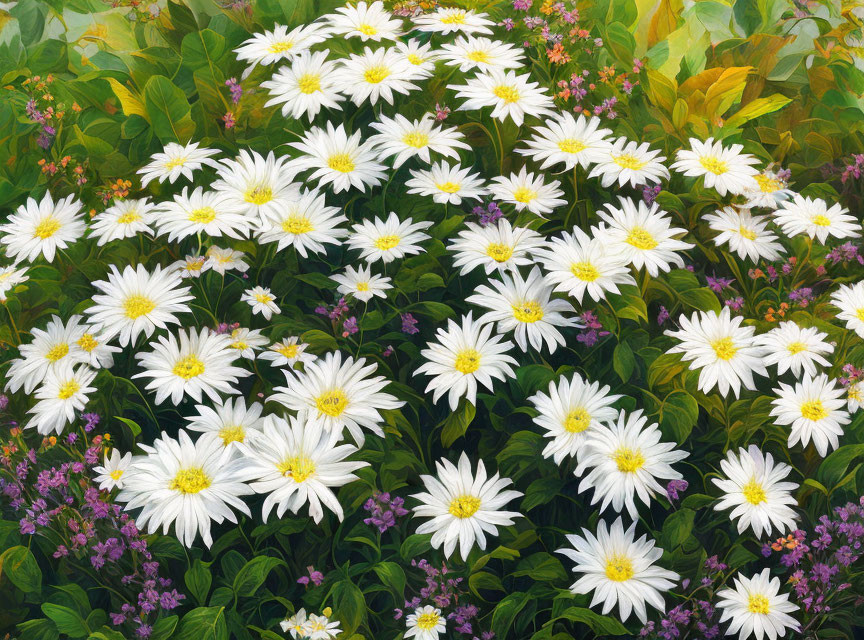 Colorful painting of white daisies in a lush garden scene