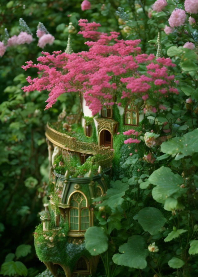 Miniature fairy-tale castle in lush garden with pink flowers