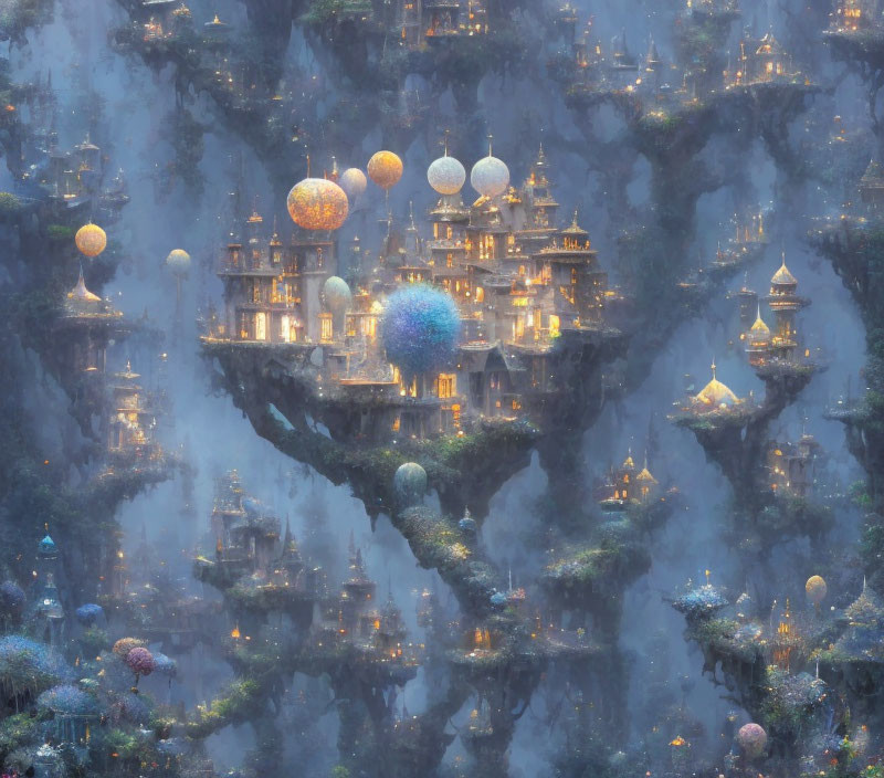 Floating city at twilight with illuminated buildings and hot air balloons in foggy haze