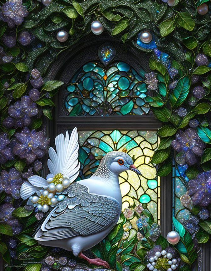 White Dove with Pearls in Front of Stained-Glass Window and Greenery