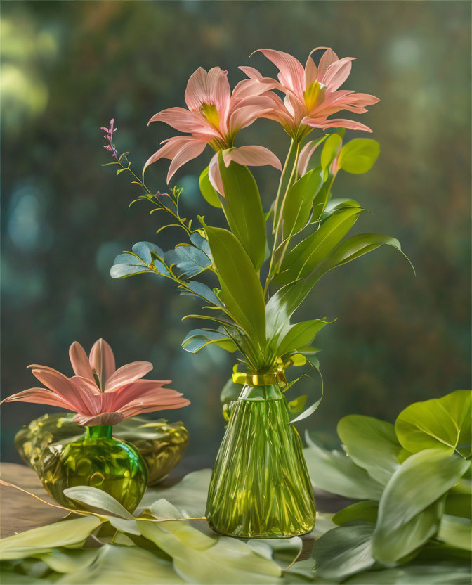 Pink lilies in green vase with foliage & matching bowl display