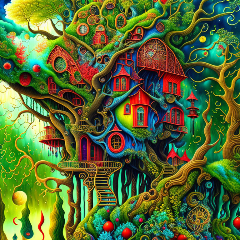 Colorful whimsical treehouse illustration with intricate branches.