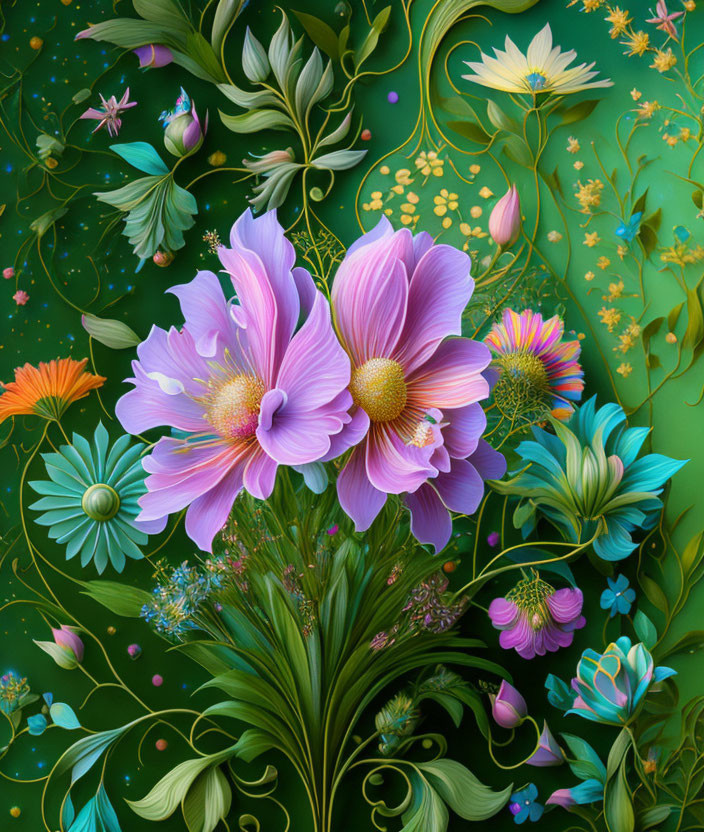 Colorful Botanical Bouquet Illustration with Delicate Petals and Intricate Leaves