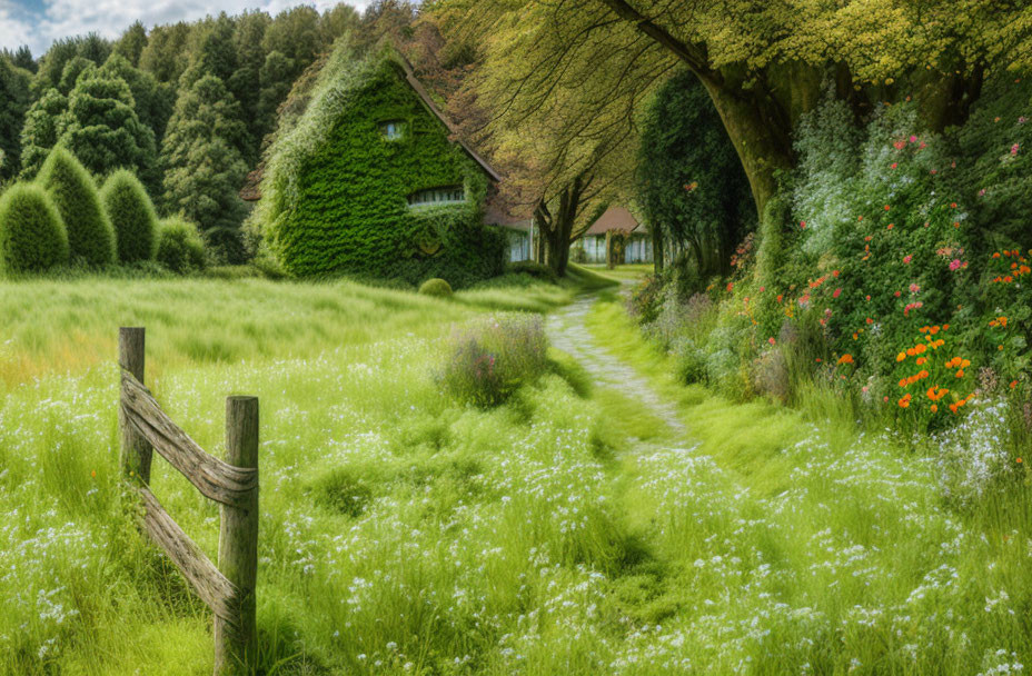 Rural landscape with grassy path, thatched-roof cottage, trees, and wildflowers