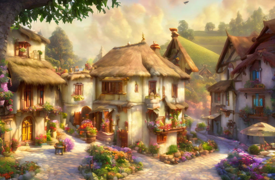 Quaint village scene with thatched-roof cottages and blooming flowers
