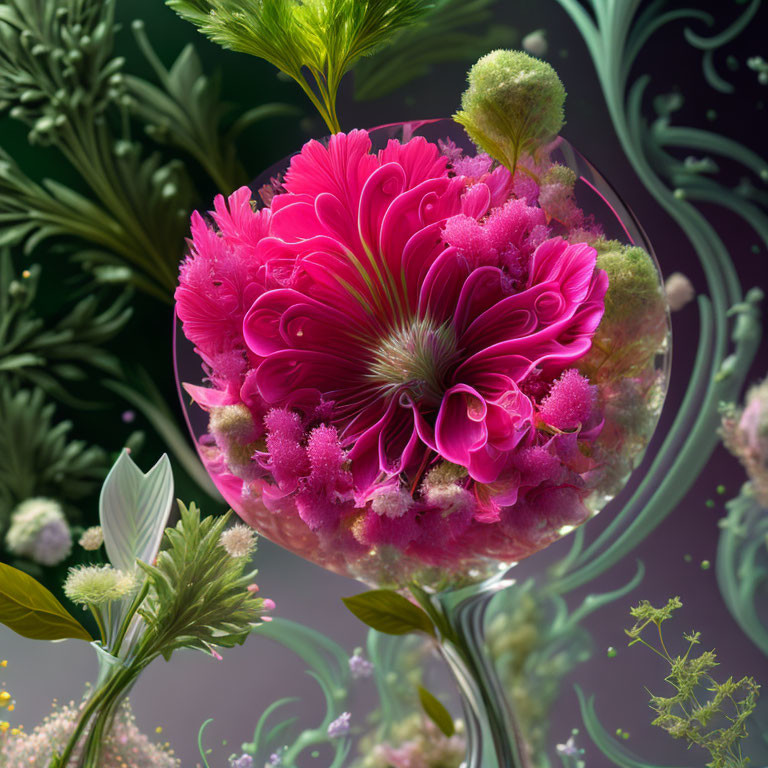 Colorful digital artwork: Cocktail-themed bouquet with pink swirl flower and green plants