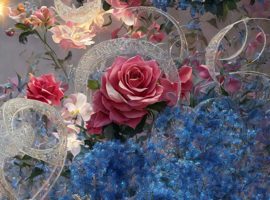 Elegant floral arrangement with red rose, blue blossoms, and silver filigree