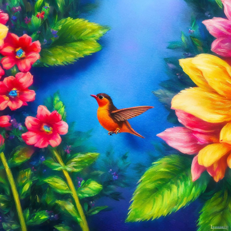 Colorful hummingbird painting amid lush flowers on blue background