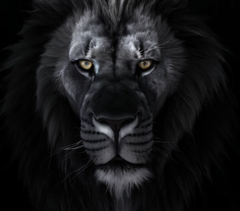 Intense lion face with dark mane on black background