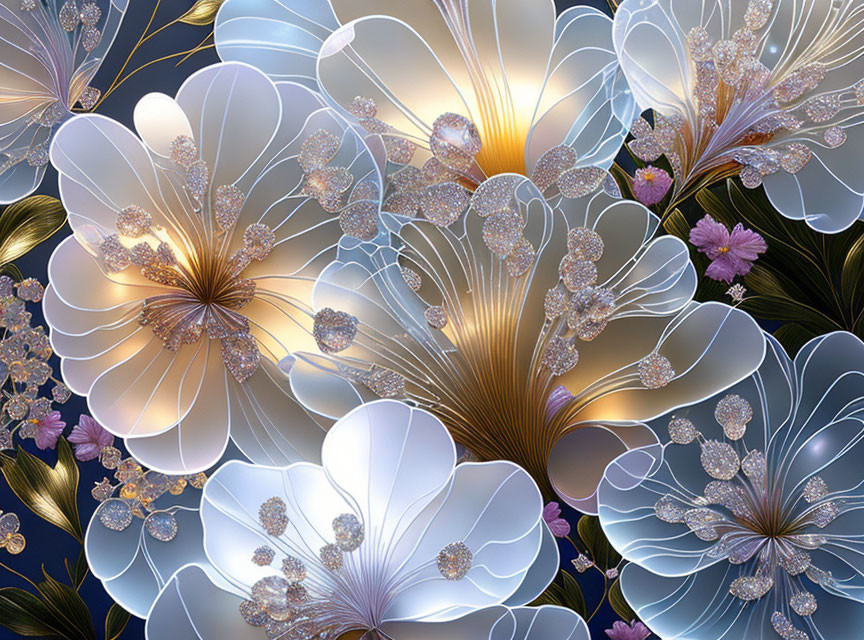 Translucent Blue and White Glowing Flowers Artwork