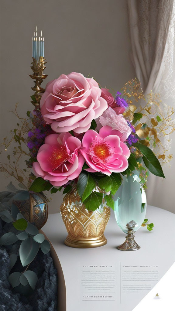 Vibrant pink roses in gold vase with candlestick and draped curtain