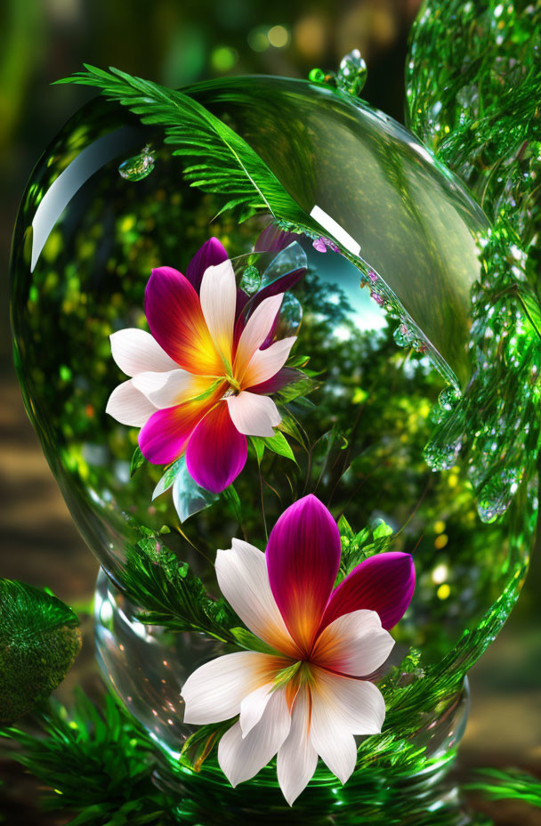 Colorful digital artwork: Crystal vase with flowers and greenery in magical ambiance