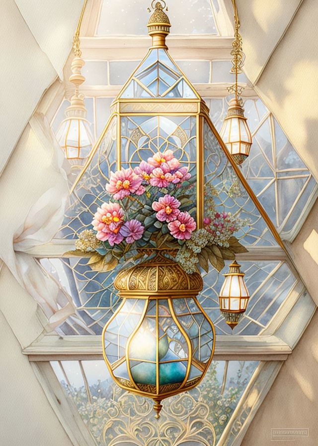 Whimsical lantern with flowers in glass conservatory