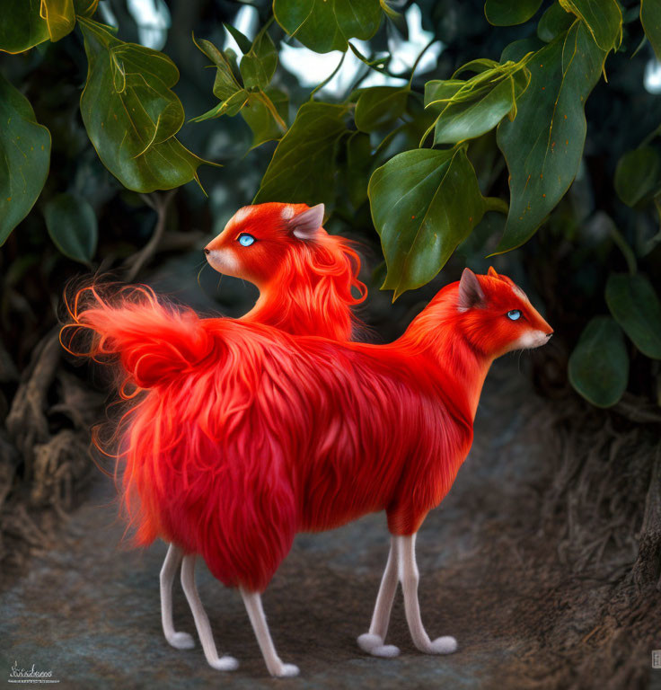 Vibrant red fox-like creatures with lush tails in green foliage