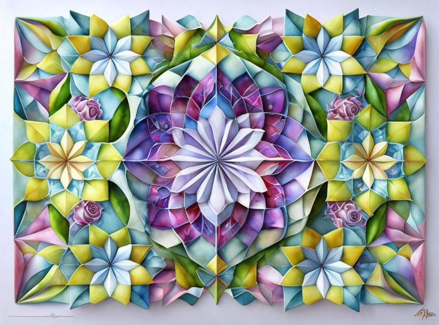 Colorful Origami Artwork with Paper Flowers on Geometric Background