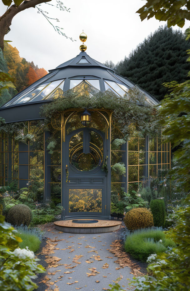 Glass and Metal Gazebo with Golden Trim in Manicured Garden
