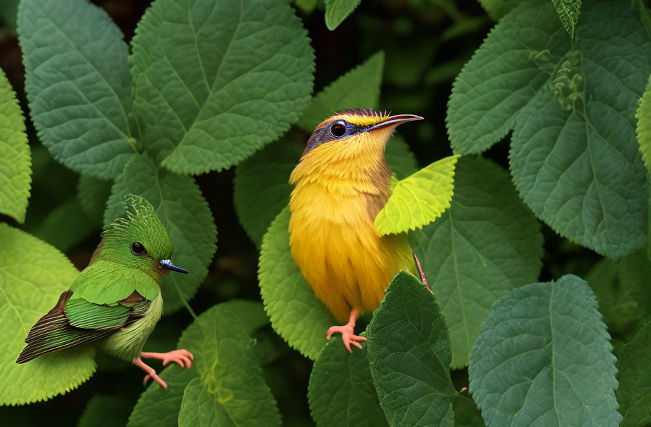 Vibrant yellow bird with orange eye ring perched near green leaves and leaf-shaped sculpture