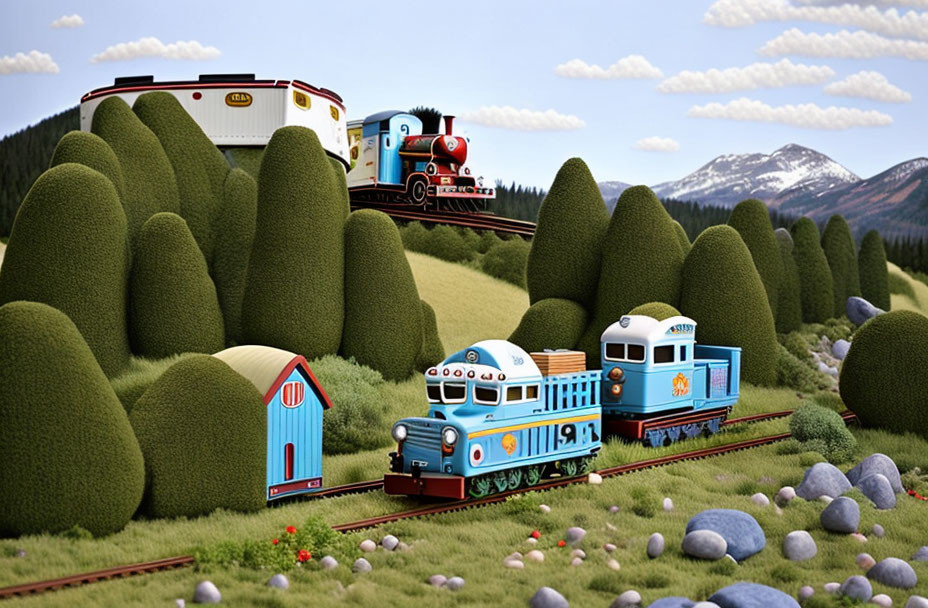 Colorful Toy Trains on Tracks in Mountain Landscape