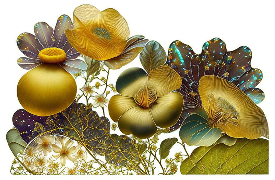 Assorted golden flower blossoms with filigree details on translucent background