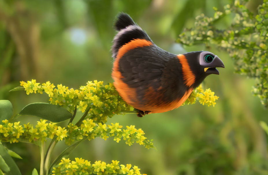 Colorful bird with eye mark on branch among yellow flowers